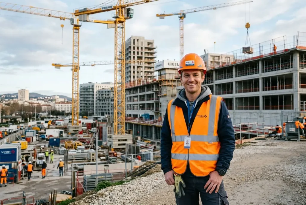 Entreprise sur un chantier sous construction, avec homme en casque orange et gilet réfléchissant orange-orange, sourire, en extérieur. Avantages de travailler à l'étranger évoqué indirectement par le cadre professionnel international.