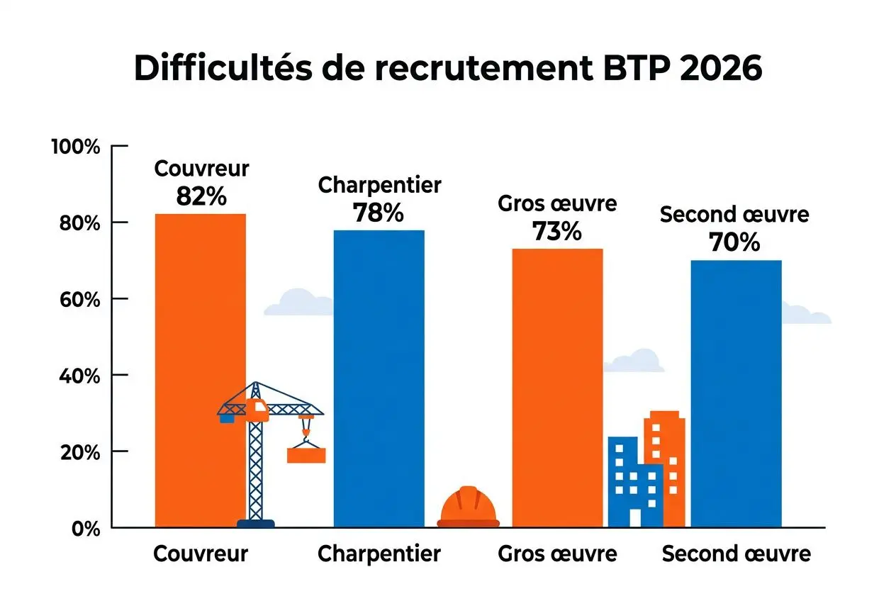 Graphique montrant les difficultés de recrutement BTP 2026 avec taux par métier: Couvreur 82%, Charpentier 78%, Gros œuvre 73%, Second œuvre 70%, chiffres et illustrations d’outil sur fond clair. Mentionne btp main d oeuvre.