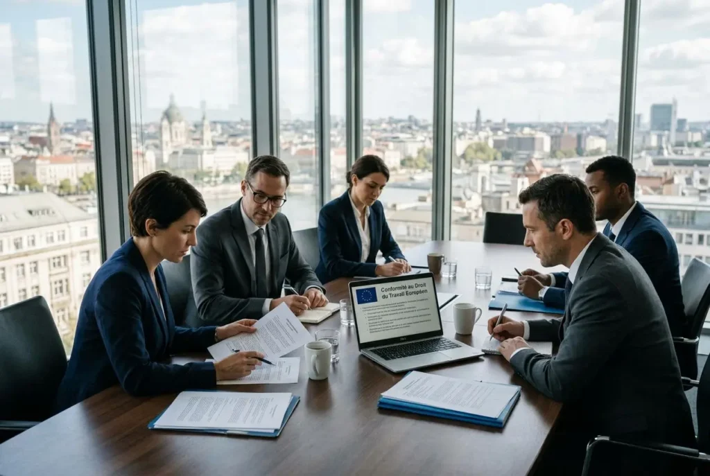 Groupe de professionnels en réunion autour d’une table, documents et ordinateur portable affichant une présentation sur le droit du travail européen.
