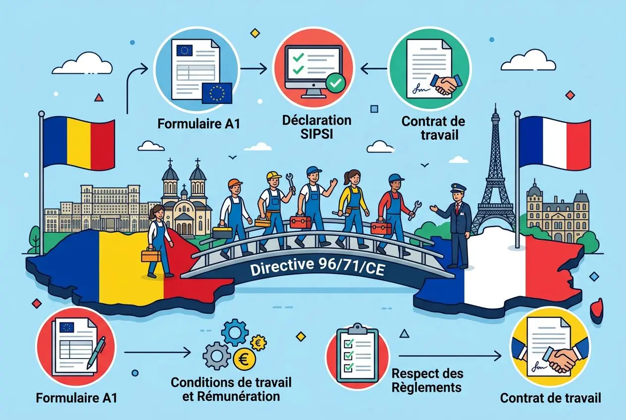 Illustration infographic: travailleurs traversant un pont entre la Roumanie et la France, démarches administratives A1, Déclaration SIPSI et contrat de travail, formulaires et conditions de travail illustrés, symbole Directives 96/71/CE, en arrière-plan monuments européens. Soudeur roumain intérim france mentionné implicitement via le contexte.