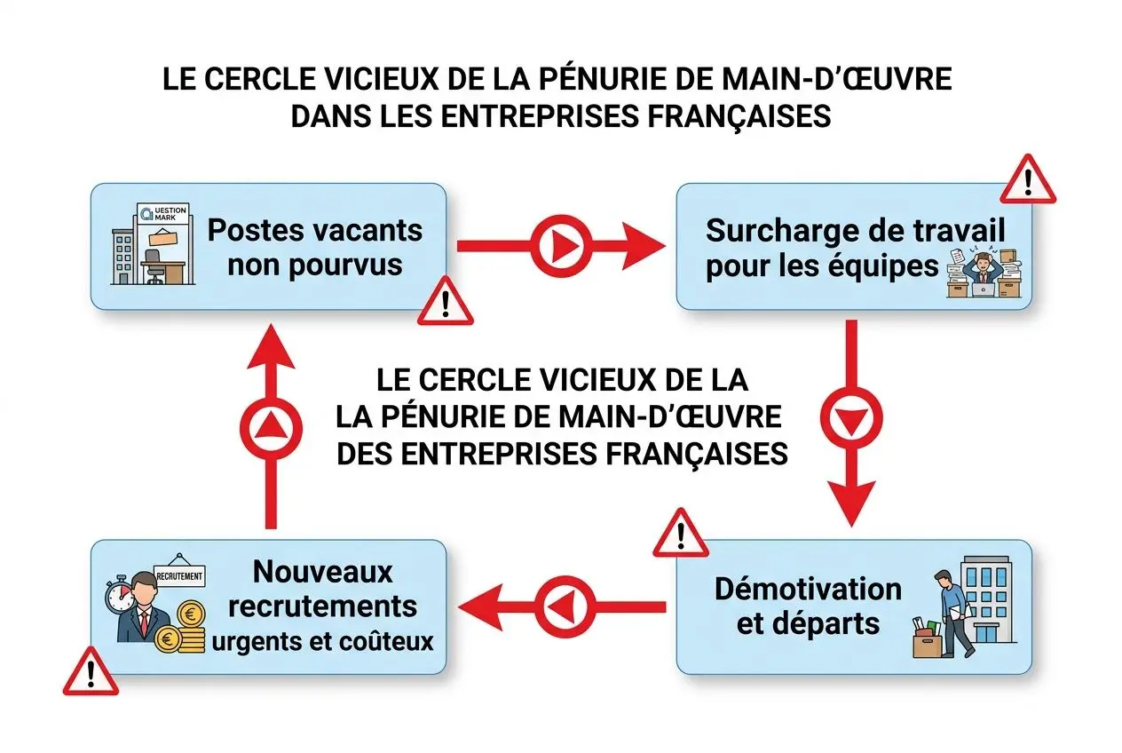 Illustration sur la pénurie de main-d’œuvre en France: cercle vicieux with postes vacants, surcharge de travail, démission/départs et nouveaux recrutements, signes d’alerte et flèches montrant les flux. pénurie de main-d'œuvre en france 2025 intégré naturellement.