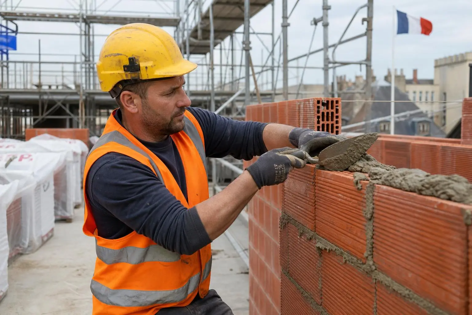 Ouvrier du BTP main d’œuvre pose des briques sur un chantier, casque jaune et gilet orange, travailnettoyage mur en briques.