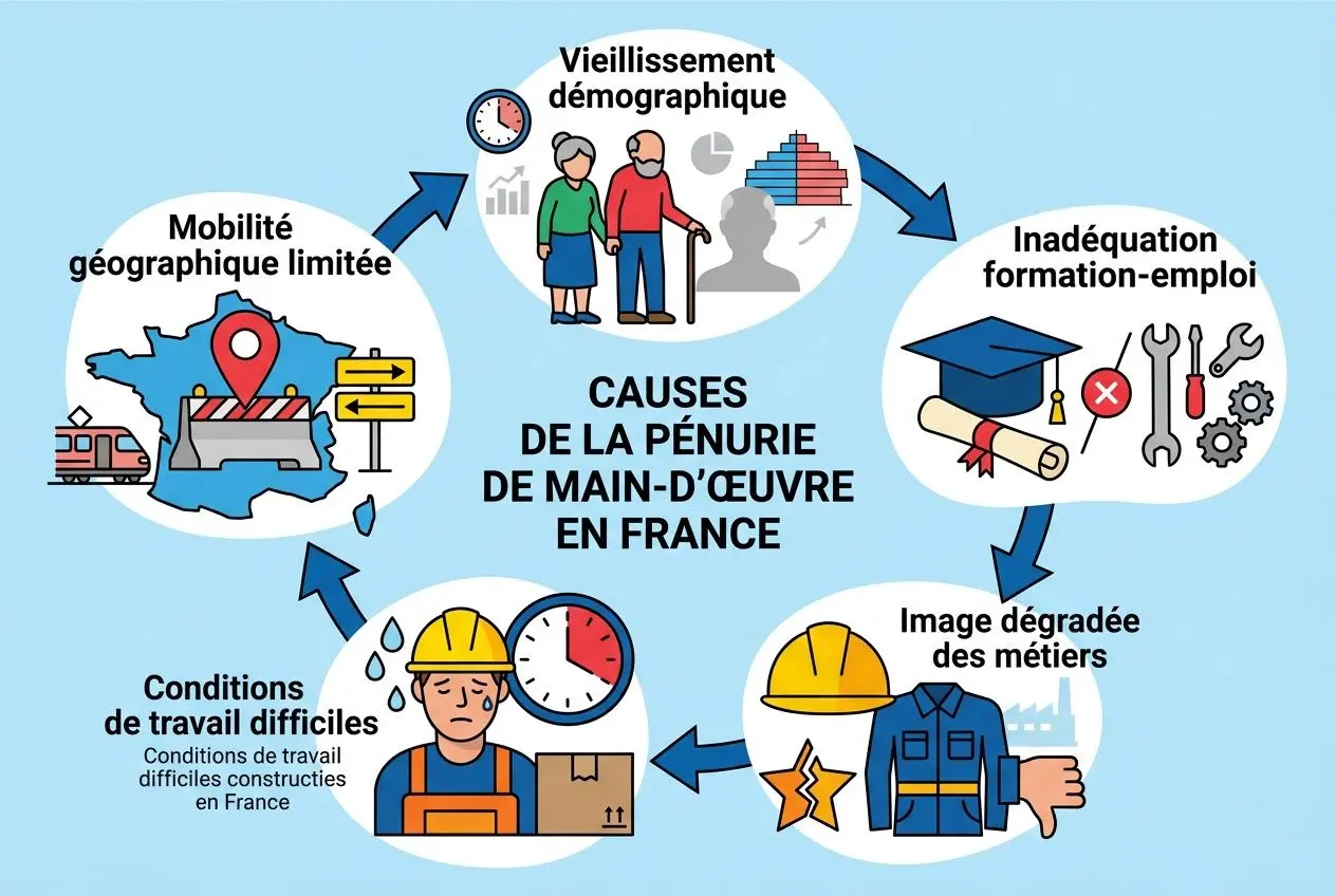 Pénurie de main-d'œuvre en France 2025 : diagramme circulaire illustrant causes et secteurs touchés, incluant démographie vieillissante et conditions de travail difficiles.