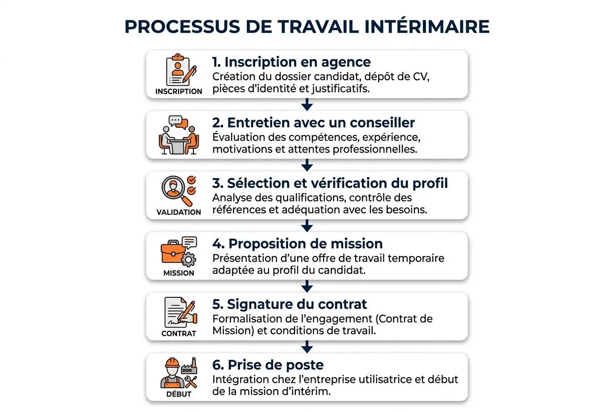 Processus de travail intérimaire: 6 étapes : inscription en agence, entretien, sélection, proposition de mission, signature du contrat, prise de poste. Intégrer le thème: comment postuler dans une agence d'intérim.