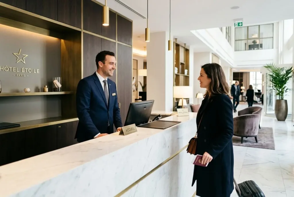 Réceptionniste souriant au comptoir d’hôtel étoile, accueillant une cliente avec valise dans le hall élégant. hôtellerie restauration recrutement étranger