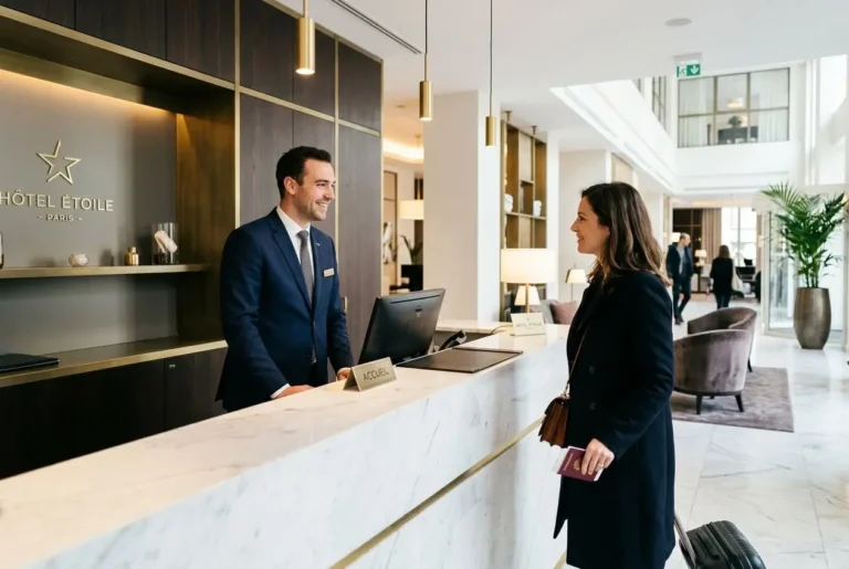 Réceptionniste souriant au comptoir d’hôtel étoile, accueillant une cliente avec valise dans le hall élégant. hôtellerie restauration recrutement étranger