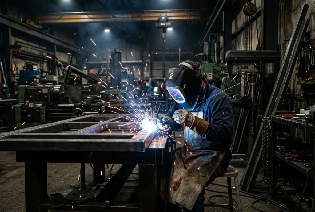Soudeur roumain en intérim France au travail, assemblant des pièces métalliques sous une étincelante soudure TIG/MIG.