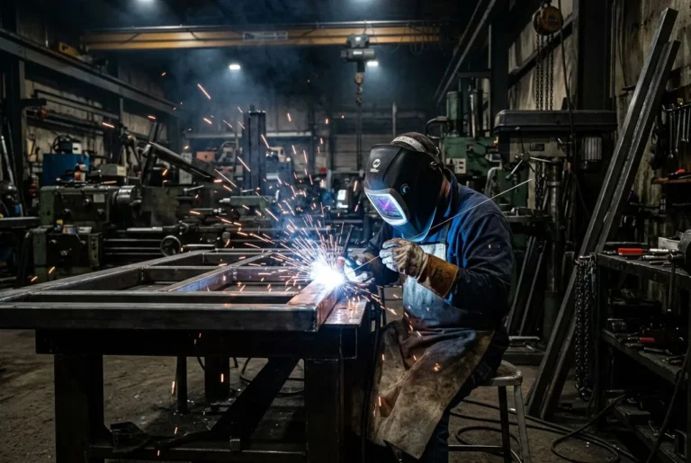 Soudeur roumain en intérim France au travail, assemblant des pièces métalliques sous une étincelante soudure TIG/MIG.
