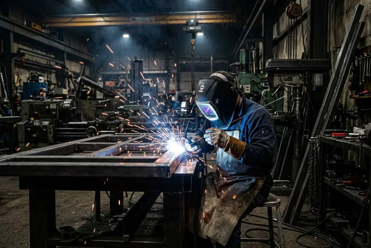 Soudeur roumain en intérim France au travail, assemblant des pièces métalliques sous une étincelante soudure TIG/MIG.