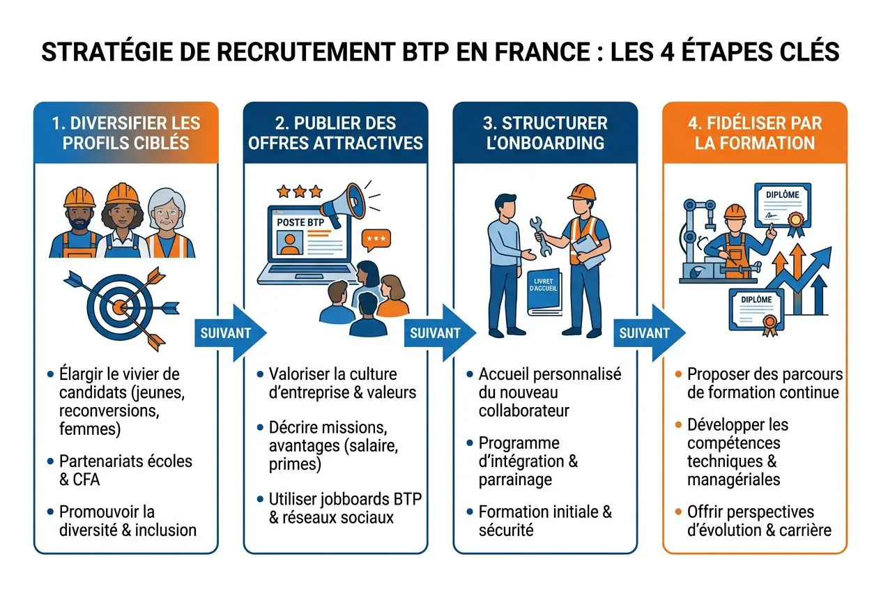 Stratégie de recrutement BTP en France: illustration des 4 étapes clés dont « btp main d œuvre » intégrée naturellement.