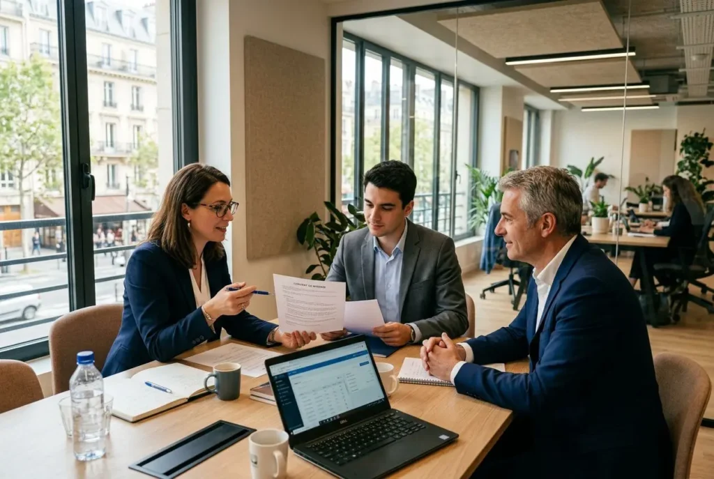 Trois professionnels discutent autour d’une table au bureau, documents à la main et ordinateur portable ouvert, dans une ambiance de travail temporaire définition et contrats.