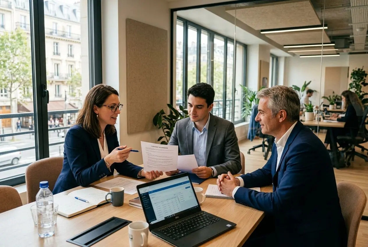 Trois professionnels discutent autour d’une table au bureau, documents à la main et ordinateur portable ouvert, dans une ambiance de travail temporaire définition et contrats.
