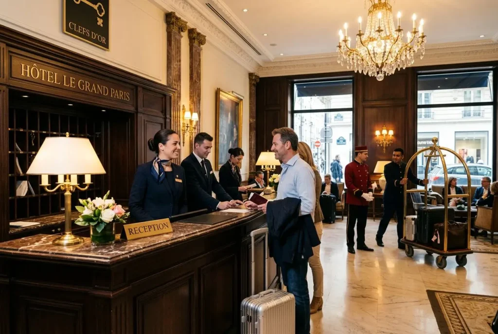 Accueil de l’hôtel Grand Paris: réceptionnistes aident un client avec valise, en milieu élégant et lumineux. Besoins main-d'œuvre secteur hôtellerie évoqué.