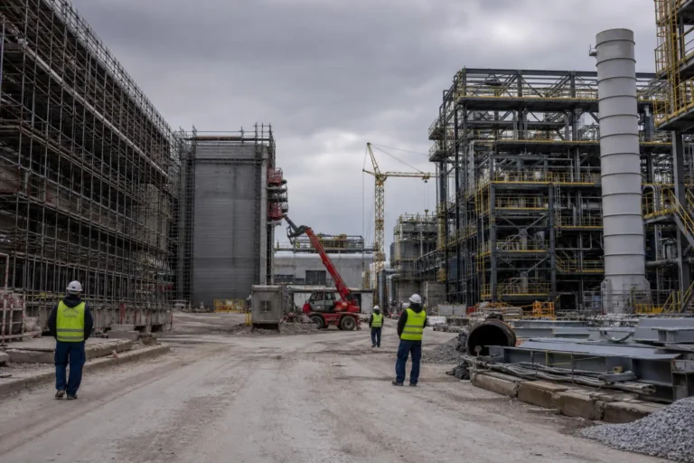 Chantier industriel avec ouvriers en gilets jaunes, structures métalliques et grues visibles, scène de travail et mouvement. *intégrant* comment gérer pénurie main-d'œuvre.