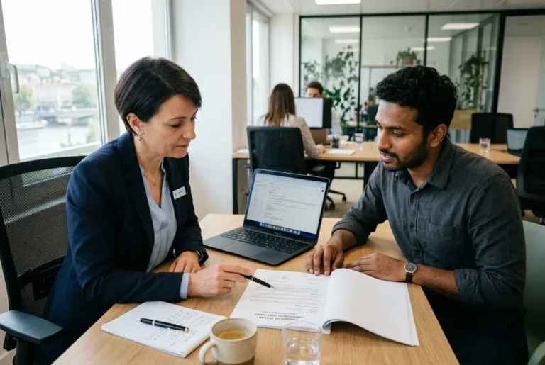 Deux professionnels au bureau discutent autour de documents et d’un ordinateur portable, dans le cadre d’un accord sur le détachement de salariés étrangers en France.