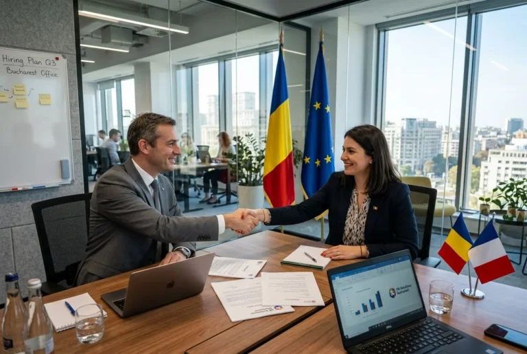 Deux professionnels se serrant la main autour d’une table de négociation dans un bureau, avec drapeaux France et UE en arrière-plan, symbolisant une agence intérim france roumanie.
