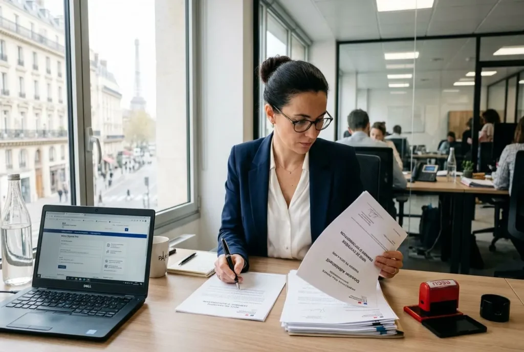 Femme en costume signe des documents sur un bureau avec ordinateur portable, stempel et piles de papiers pour le détachement salarié documents obligatoires.