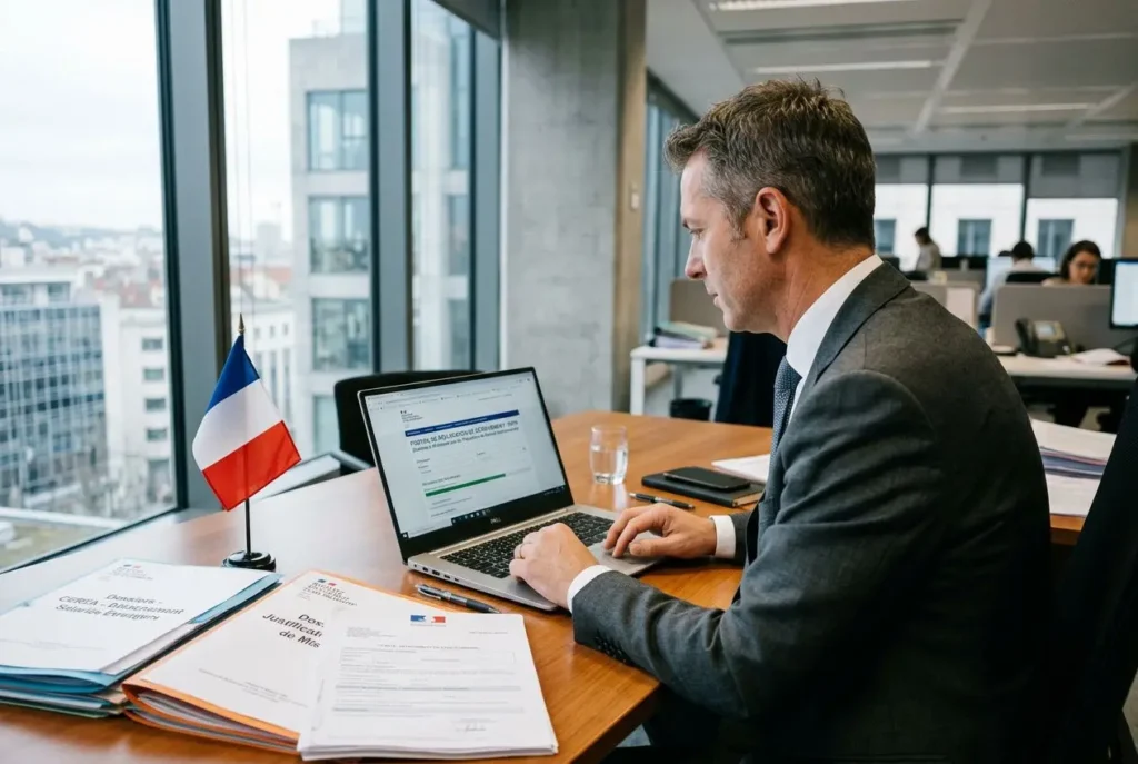 Homme d’affaires en bureau, devant un ordinateur portable, travaillant sur les documents de détachement avec un drapeau français sur le bureau. Inclure le contexte de la déclaration du détachement d’un salarié.