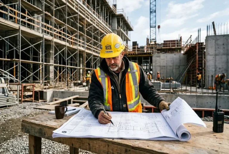 Homme ouvrier en casque jaune et gilet réfléchissant consulte des plans sur un chantier BTP en construction.
