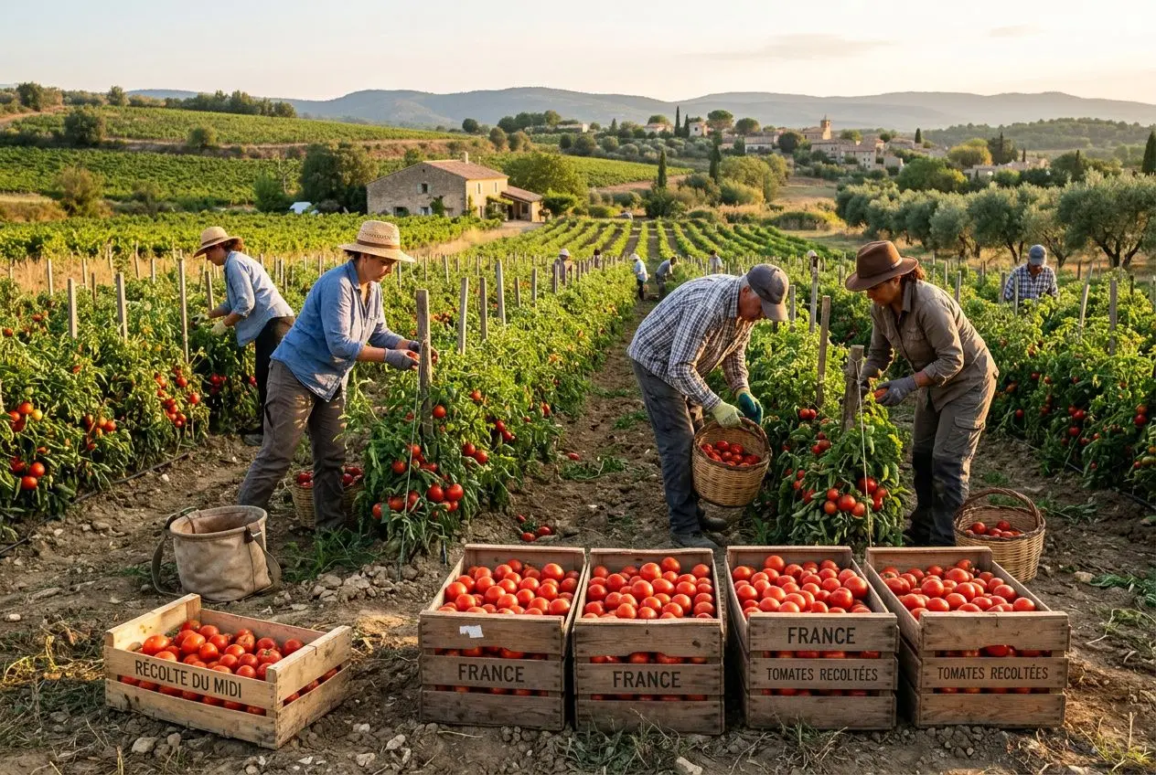 Récolte de tomates par des travailleurs saisonniers dans un champ en Provence, caisses marquées "France" prêtes à l’expédition. alt text intègre le mot-clé: recrutement saisonnier agriculture france de manière fluide.