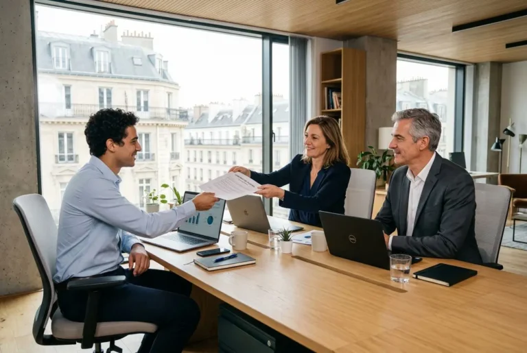 Trois professionnels en réunion d’affaires autour d’une table, échange de document et signatures, cadre de bureau lumineux. Contrat de travail temporaire intérim.
