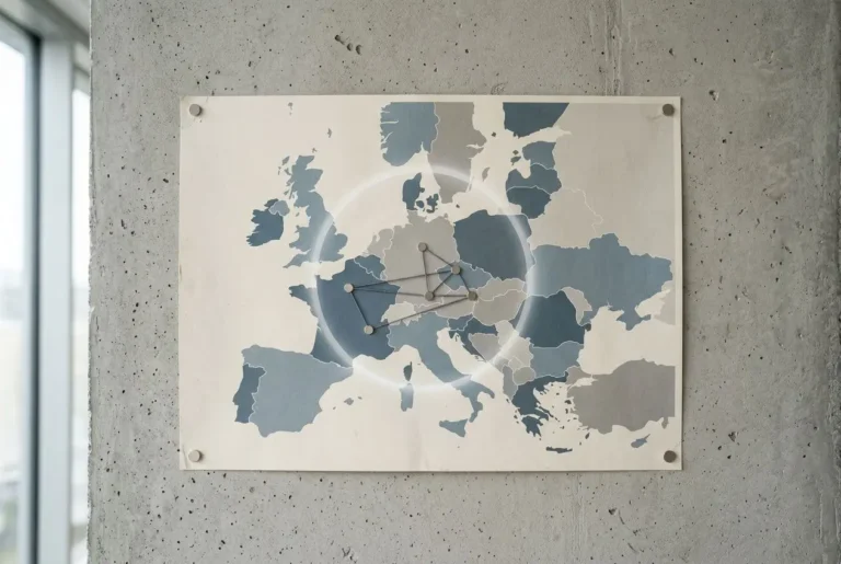 Carte murale montrant une carte des pays européens avec des tracés et un motif en cercle, posé sur un mur en béton. détachement salarié durée maximale intégrée naturellement.
