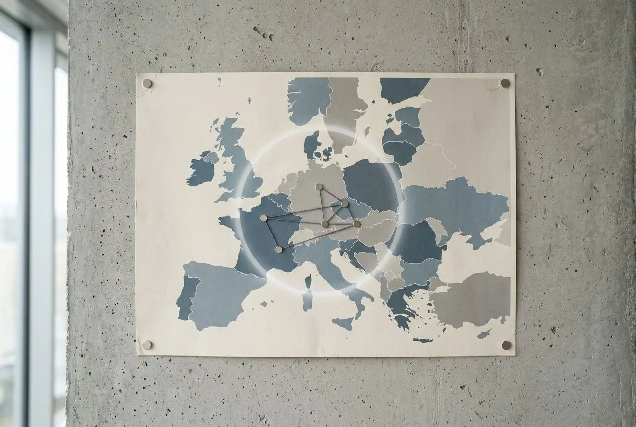 Carte murale montrant une carte des pays européens avec des tracés et un motif en cercle, posé sur un mur en béton. détachement salarié durée maximale intégrée naturellement.