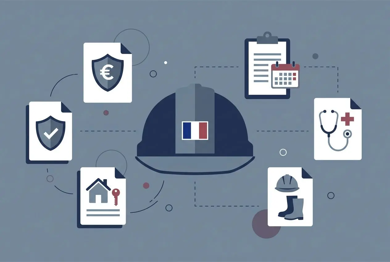 Casque de chantier au centre, entouré de documents et icônes liés au travail: assurance, diplôme, clé, stéthoscope, chaussure et horodatage, symbolisant les règles du détachement salarié durée maximale.