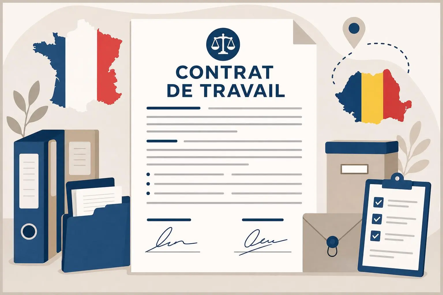 Contrat de travail affiché avec documents administratifs et drapeaux de la France et de la Roumanie, illustration de formalités d’embauche.
