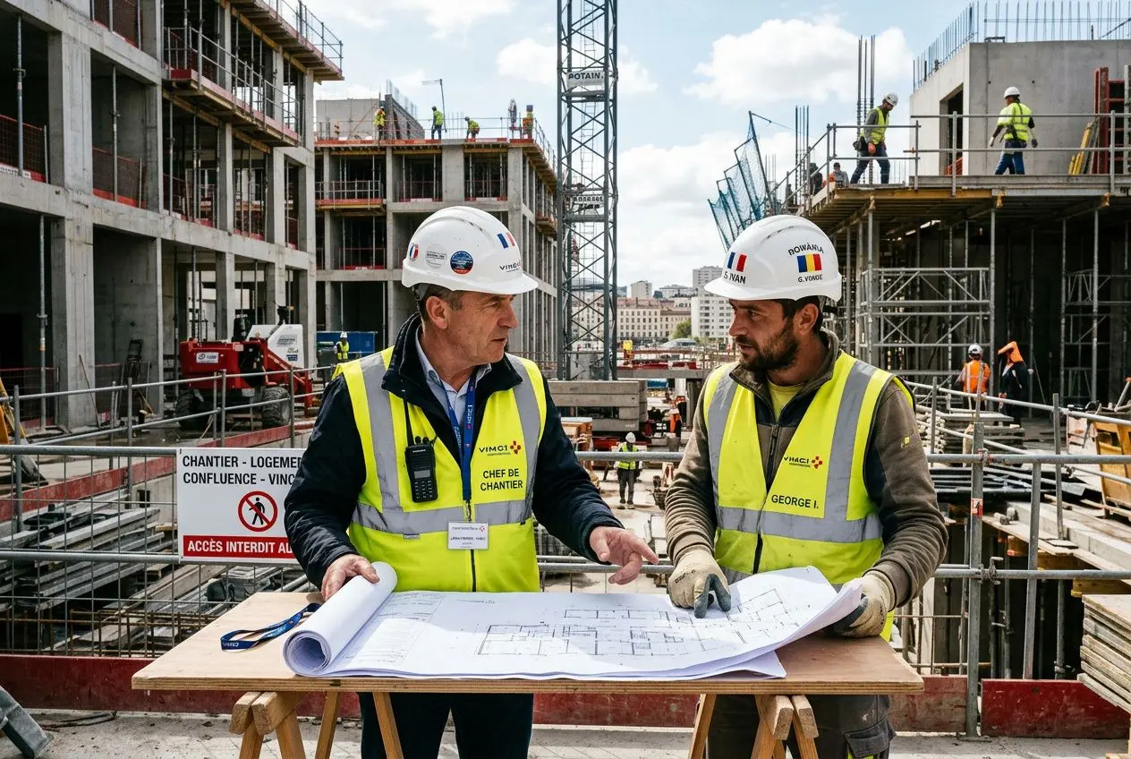 Deux chantiers avec deux travailleurs en gilet jaune et casque discutaient autour de plans, supervision et sécurité.