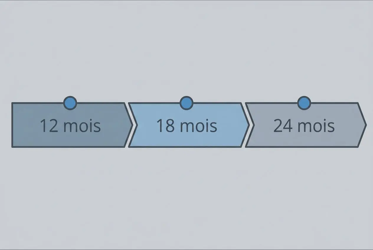 Diagramme chronologique des étapes: 12 mois, 18 mois et 24 mois avec des points bleus sur chaque étape.