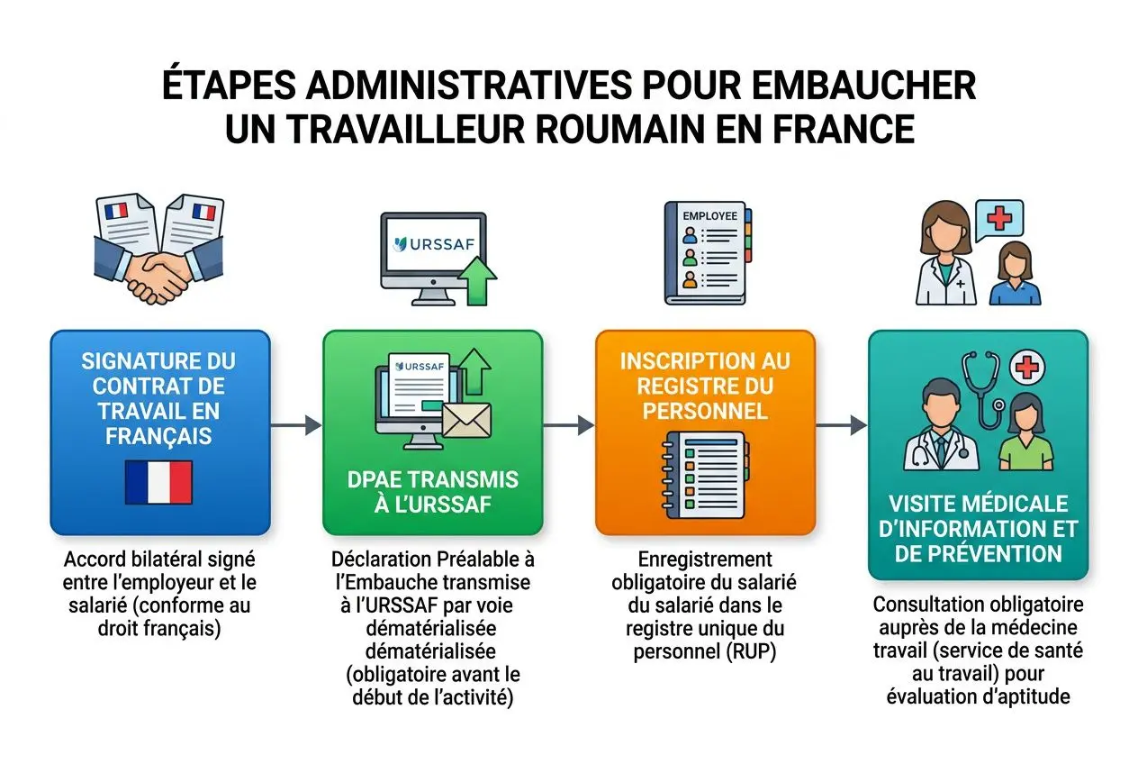 Étapes administratives pour embaucher un travailleur roumain en France, processus: signature du contrat, DPAE, inscription au registre du personnel et visite médicale d’information et de prévention.