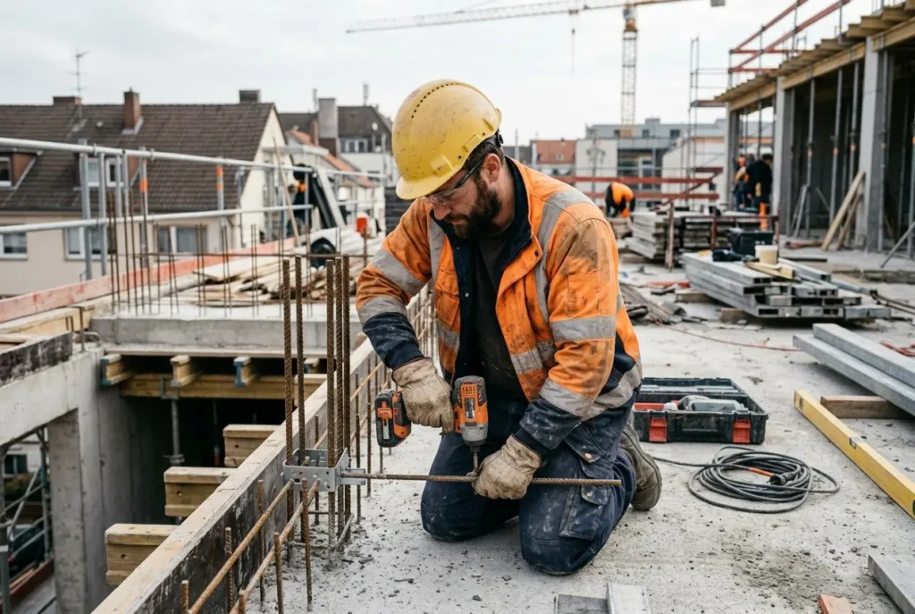 Ouvrier sur un chantier, casque jaune, veste orange, utilise une perceuse électrique sur une dalle en béton, entouré d’outils et de structures en bois.