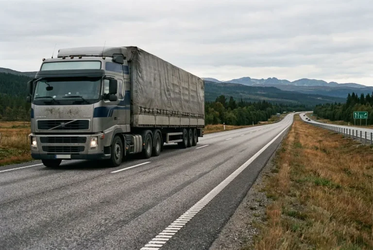 Camion porte-conteneurs sur une autoroute dégagée, paysage rural et montagnes au loin, route en ligne droite sous un ciel nuageux. Transport routier roumanie france; fret, tarifs et délais.