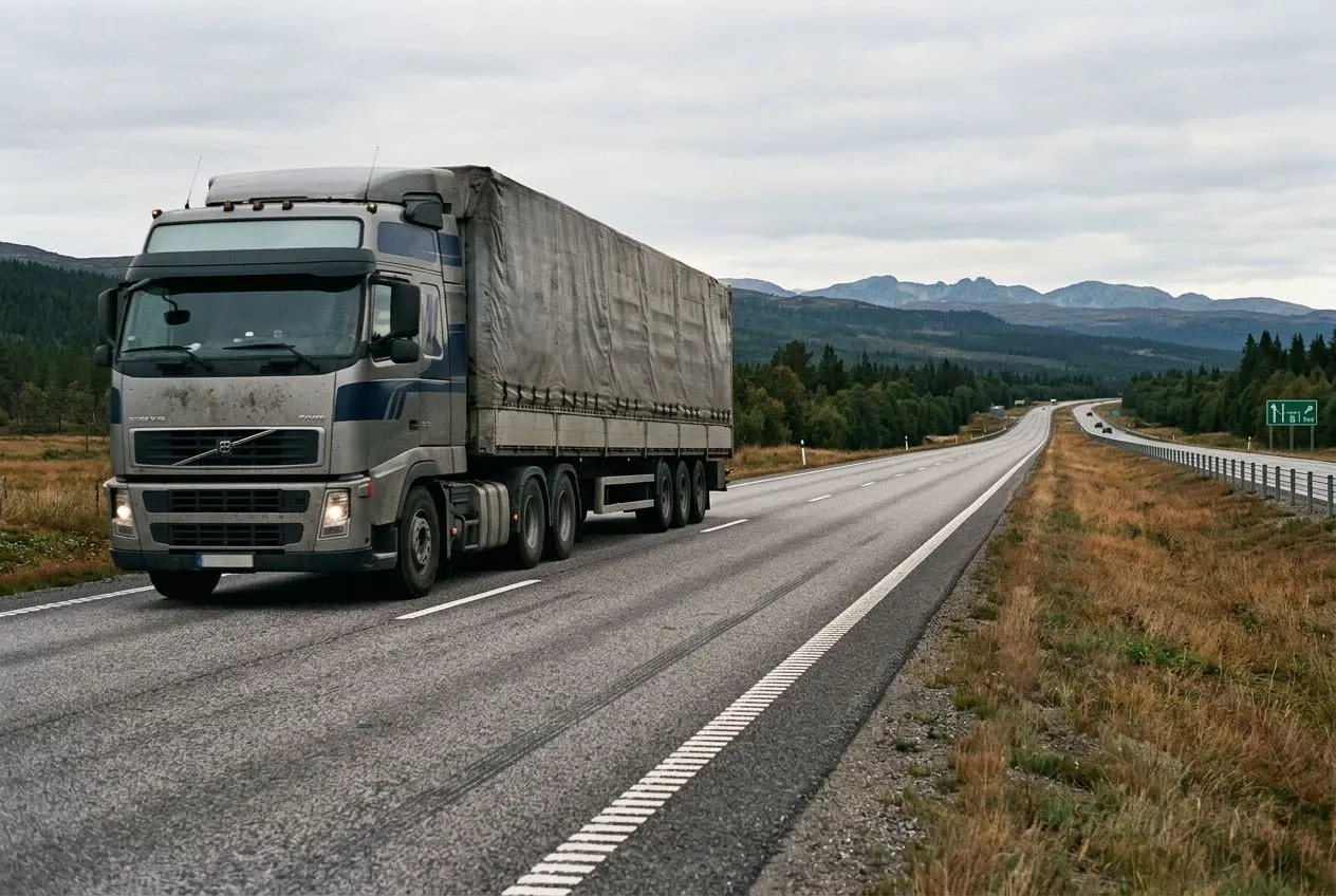 Camion porte-conteneurs sur une autoroute dégagée, paysage rural et montagnes au loin, route en ligne droite sous un ciel nuageux. Transport routier roumanie france; fret, tarifs et délais.