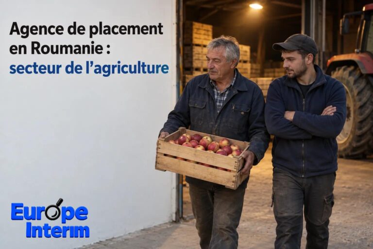 Deux hommes debout près d’un hangar, l’un portant une caisse de pommes, devant une façade affichant “Agence de placement en