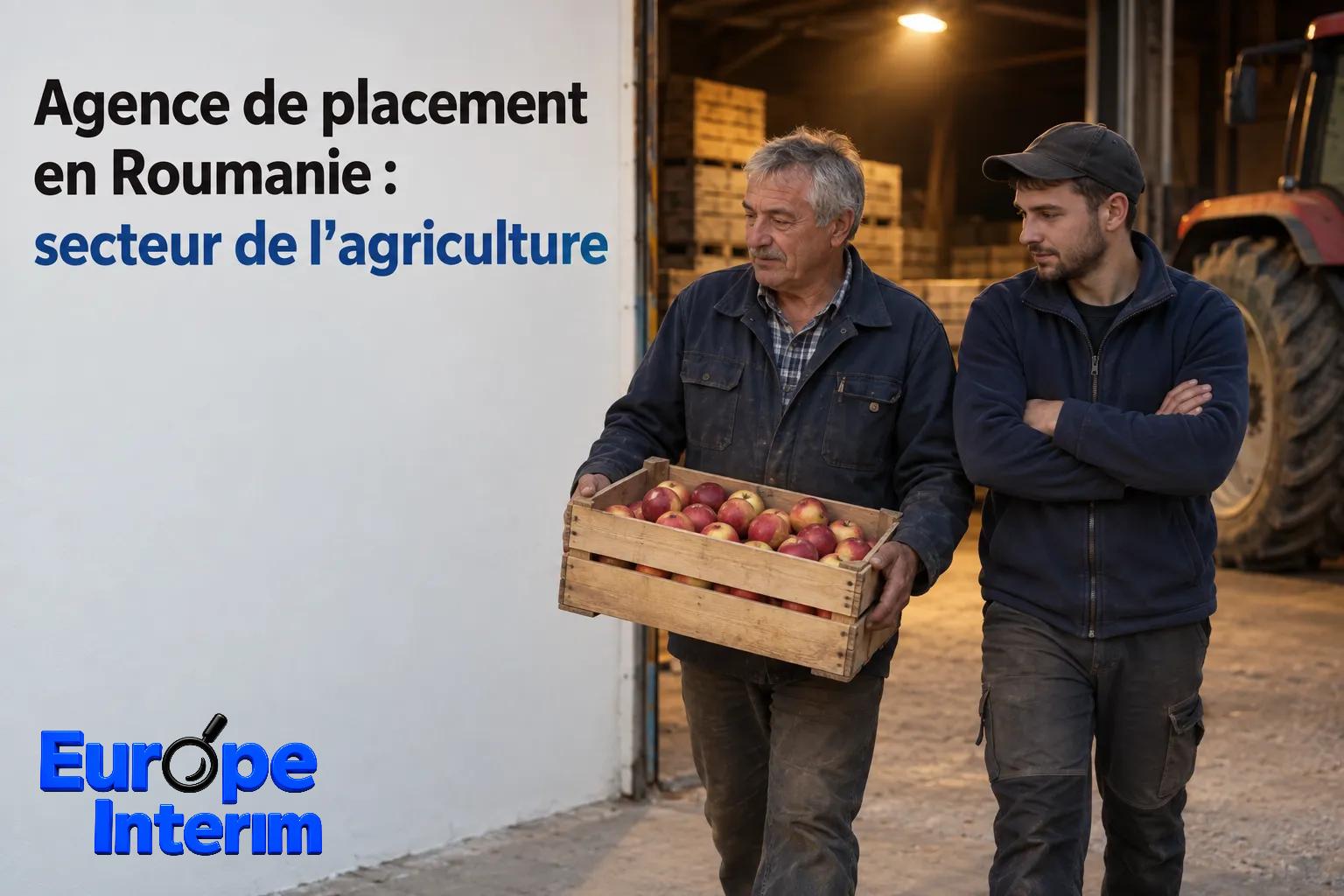Deux hommes debout près d’un hangar, l’un portant une caisse de pommes, devant une façade affichant “Agence de placement en