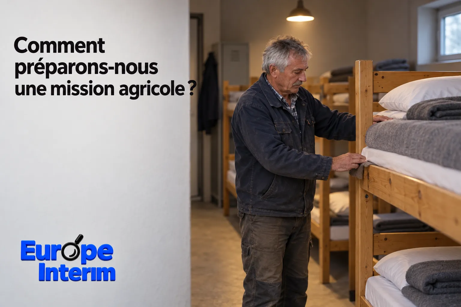 Homme âgé arrangeant des lits superposés dans un dortoir agricole.