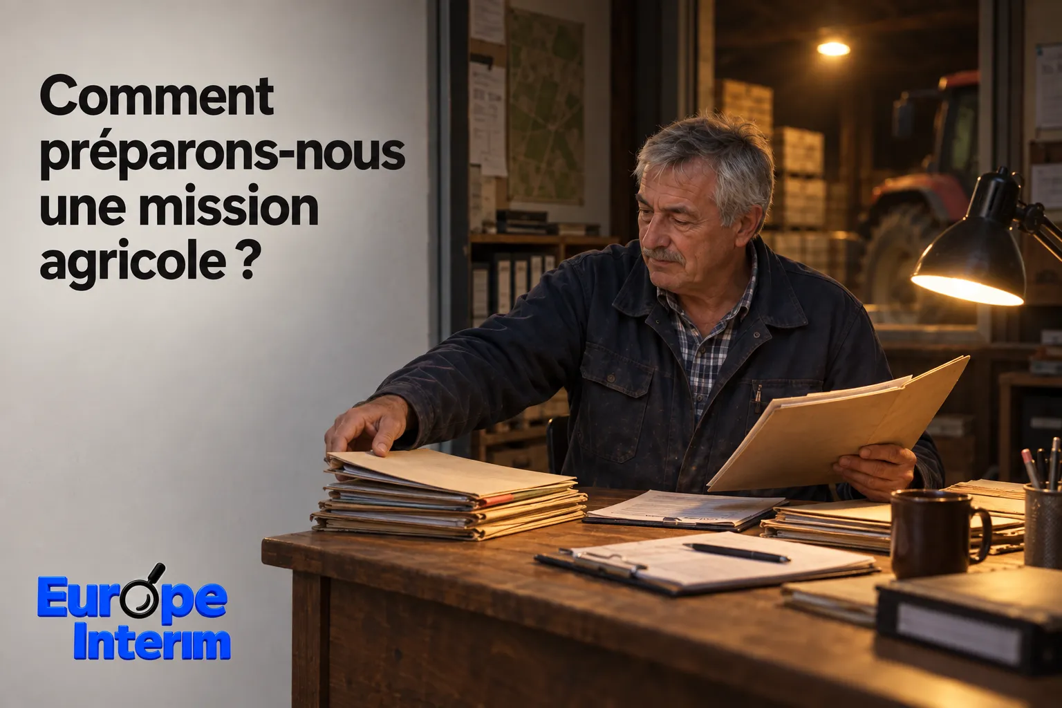 Un homme âgé tient des documents sur un bureau de travail, entouré de dossiers et d’un environnement de bureau.