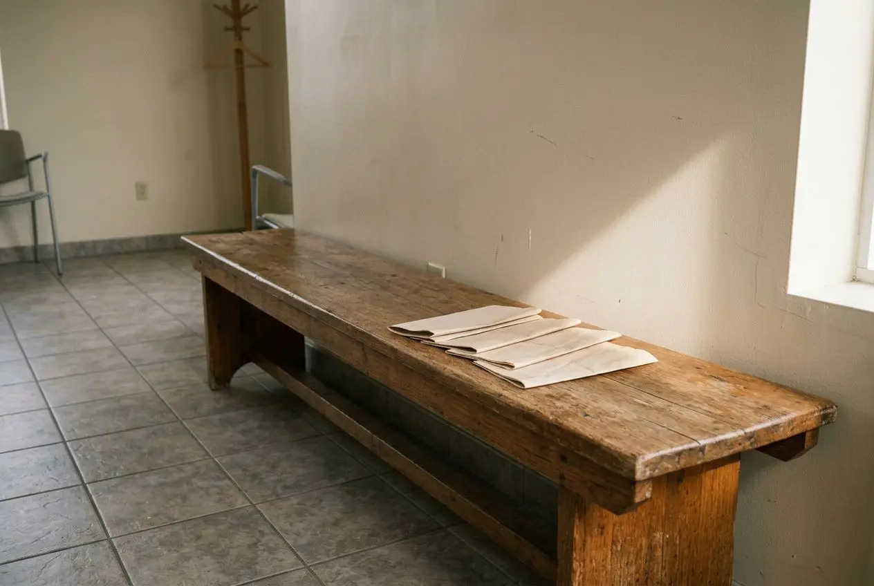 Banc en bois ancien dans une salle d'attente, quelques dossiers posés dessus, mur blanc et lampe naturelle par la fenêtre. Droits des étrangers en France.