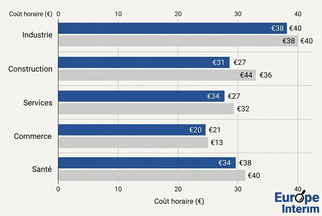 Barres horizontales montrant le coût horaire par secteur en Europe (en euros). Industrie: €38; Construction: €31; Services: €34; Commerce: €20; Santé: €34. Étiquette coût horaire (€) et légende Europe Interm. À droite, comparaison des valeurs maximales autour de €40. Intègre le sujet: coût du travail en europe par pays.