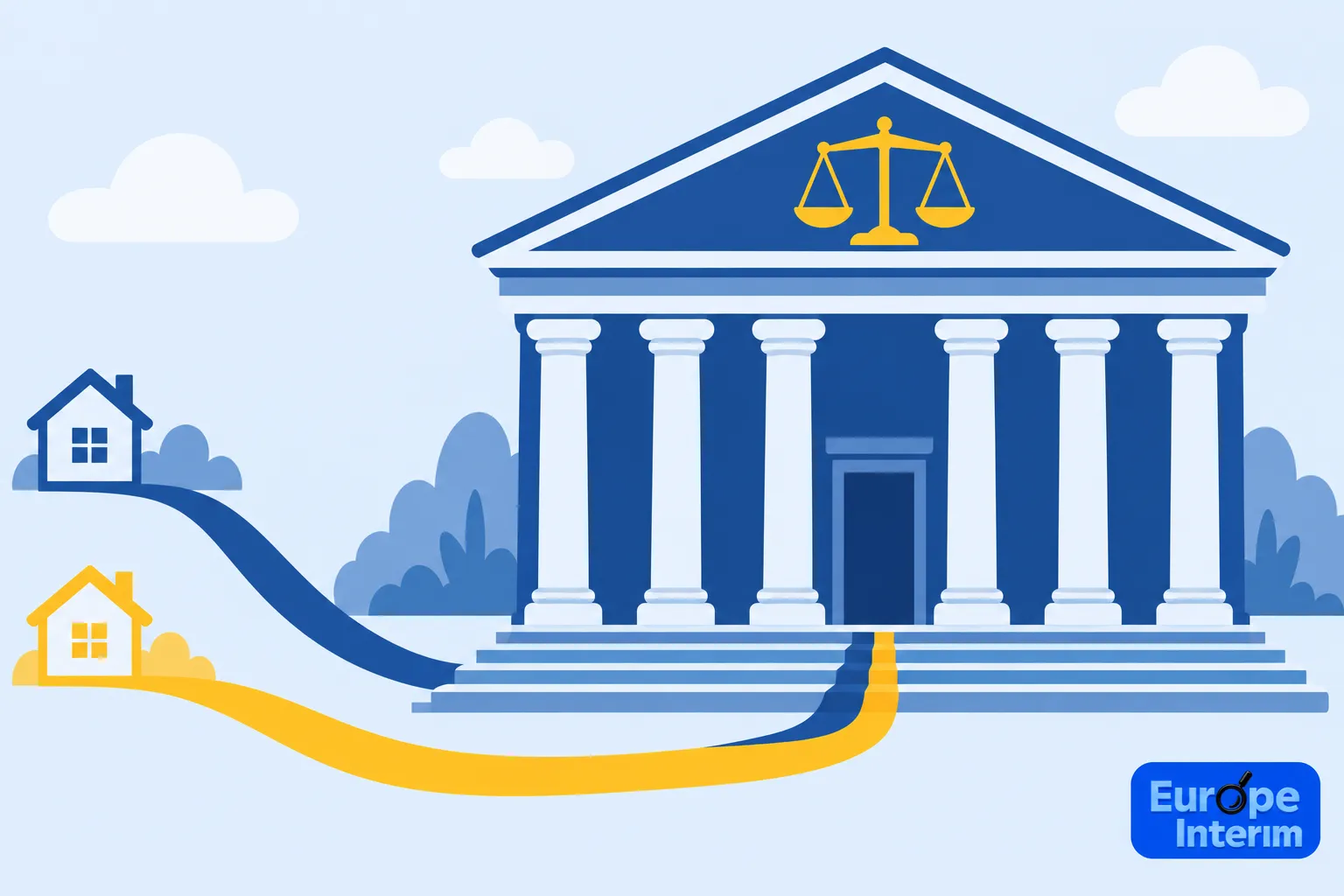 Le bâtiment d’un tribunal avec des colonnes blanches et une balance dorée au fronton, flanqué de maisons et d’un chemin