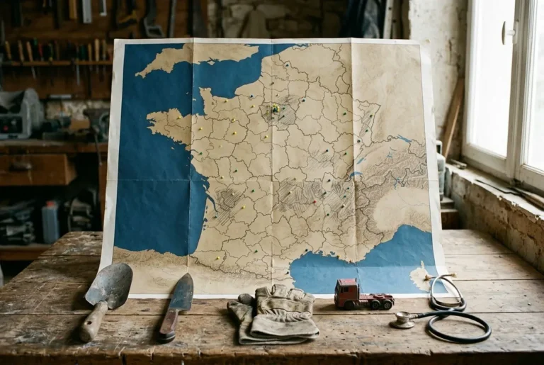 Carte de la France affichée sur un établi, outils et gants posés devant. alt: Carte de la France sur un plan de travail, outils et gants de chantier à proximité. Connecte le secteur manquant de main-d'œuvre.