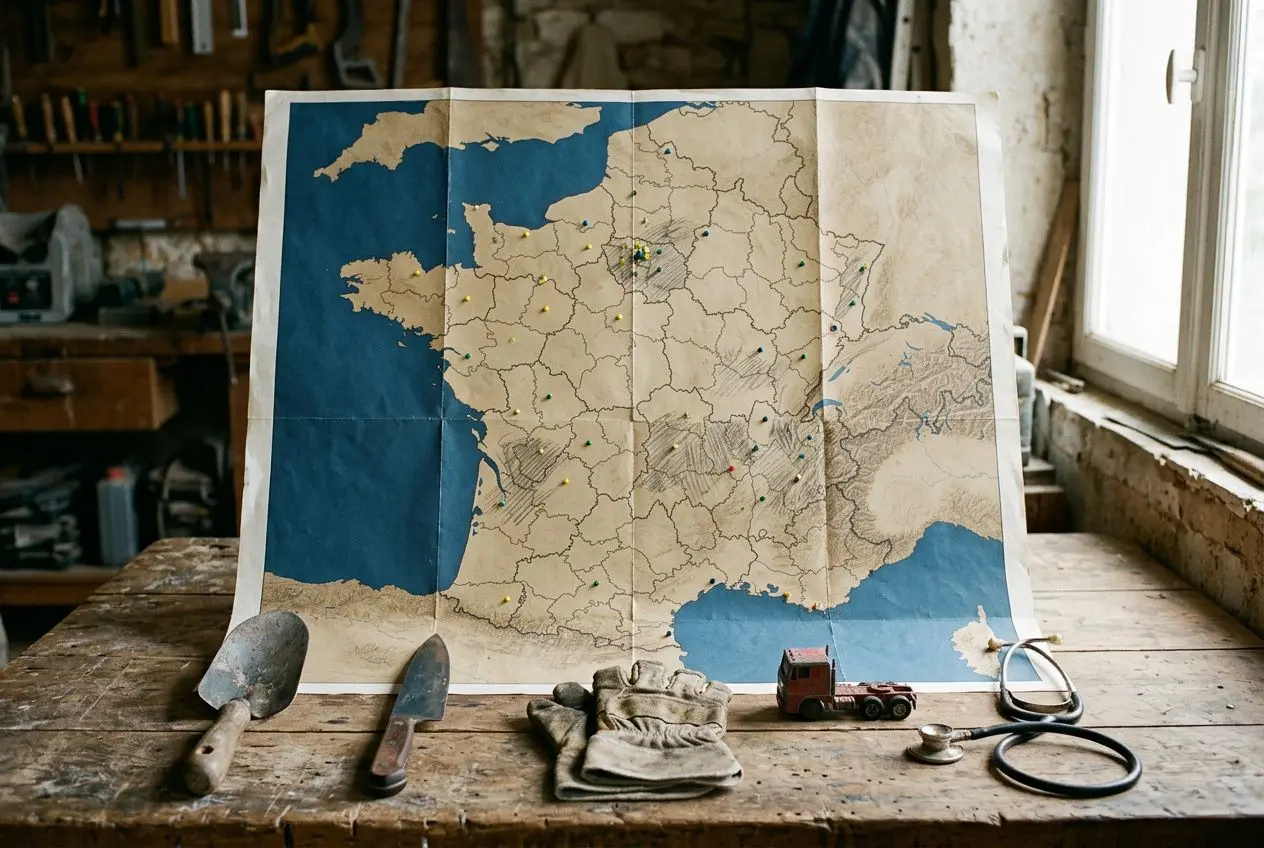 Carte de la France affichée sur un établi, outils et gants posés devant. alt: Carte de la France sur un plan de travail, outils et gants de chantier à proximité. Connecte le secteur manquant de main-d'œuvre.
