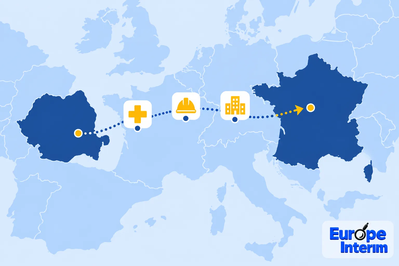 Carte montrant un trajet entre le Portugal et la Roumanie avec des icônes métiers sur un fond bleu.