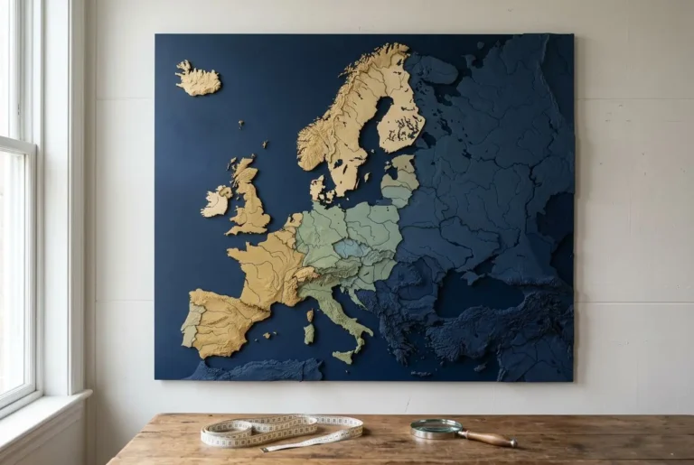 Cartographie murale de l’Europe avec relief par pays, posée dans un atelier, plus bas ruban à mesurer et centimètre sur une table en bois. coÜt du travail en europe par pays est évoqué.