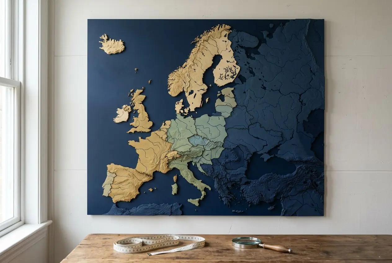 Cartographie murale de l’Europe avec relief par pays, posée dans un atelier, plus bas ruban à mesurer et centimètre sur une table en bois. coÜt du travail en europe par pays est évoqué.