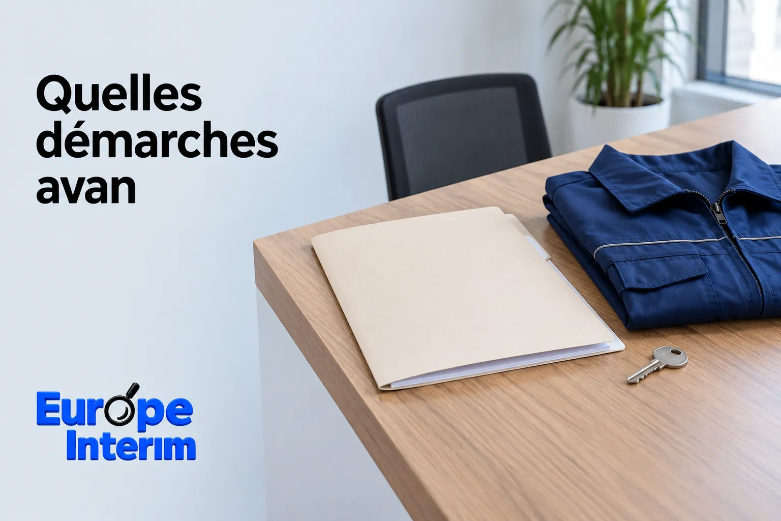 Une chemise de travail bleue et des documents posés sur une table près d’une chaise dans un bureau.