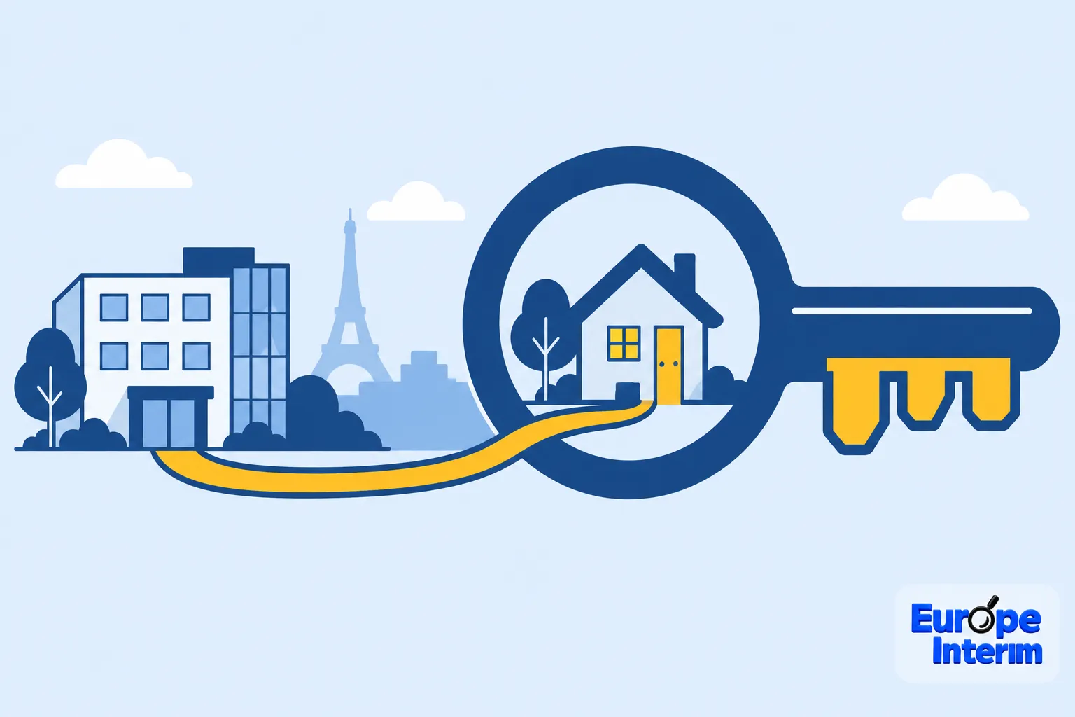 Clé géante avec une maison visible à l’intérieur, symbolisant le logement des travailleurs.
