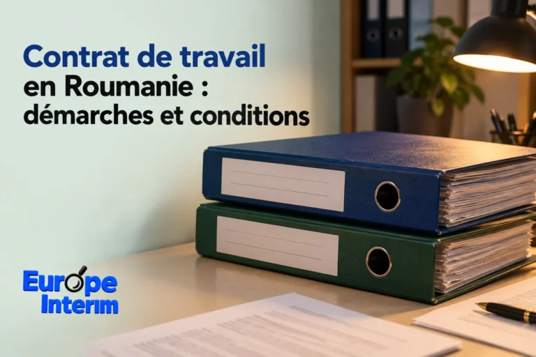 Deux classeurs bleus et verts empilés sur une table à côté de documents et d’une lampe, sur fond de bureau.